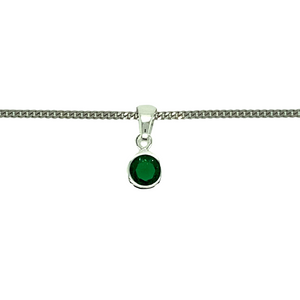 New 925 Silver May Birthstone Pendant on either an 18" or 20" curb chain. The pendant is set with a synthetic emerald stone which is 5mm diameter. The pendant is 14mm long including the bail