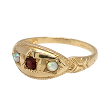 Load image into Gallery viewer, New 9ct Yellow Gold Created Opal &amp; Red Stone Set Ring in size N with the weight 1.90 grams. The front of the ring is 8mm high and the center red stone is 3mm diameter

