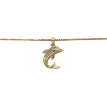 Load image into Gallery viewer, Preowned 9ct Yellow and White Gold &amp; Diamond Set Dolphin Pendant on an 18&quot; box chain with the weight 5 grams. The pendant is 2.4cm long including the bail
