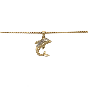Preowned 9ct Yellow and White Gold & Diamond Set Dolphin Pendant on an 18" box chain with the weight 5 grams. The pendant is 2.4cm long including the bail