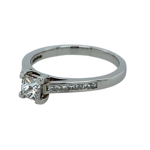 New 18ct White Princess Cut 41pt Diamond Solitaire Ring with Diamond set shoulders, colour F and Diamond grade S2. This ring is size M with the weight 3.20 grams