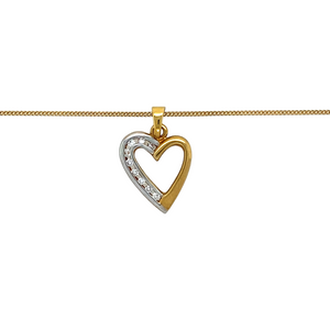 Preowned 18ct Yellow and White Gold & Diamond Set Open Heart Pendant on a 16" - 18" adjustable curb chain with the weight 5 grams. The pendant is 2.2cm long including the bail