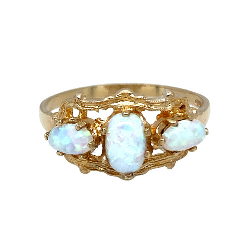 New 9ct Gold & Created Opal Trilogy Ring