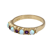 Load image into Gallery viewer, New 9ct Yellow Gold &amp; Created Opal &amp; Purple Stone Band Ring in various sizes with the weight 2.20 grams. The band is approximately 4mm wide at the front and the created opal stones are 3mm diameter each
