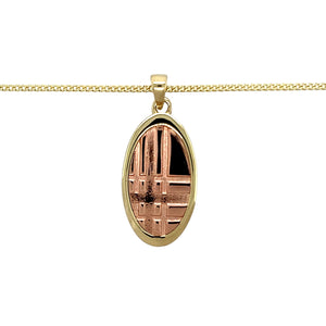 Preowned 9ct Yellow and Rose Gold Clogau Oval Criss Cross Pendant on an 18" 9ct Gold Clogau curb chain with the weight 6.60 grams. The pendant is 3cm long including the bail