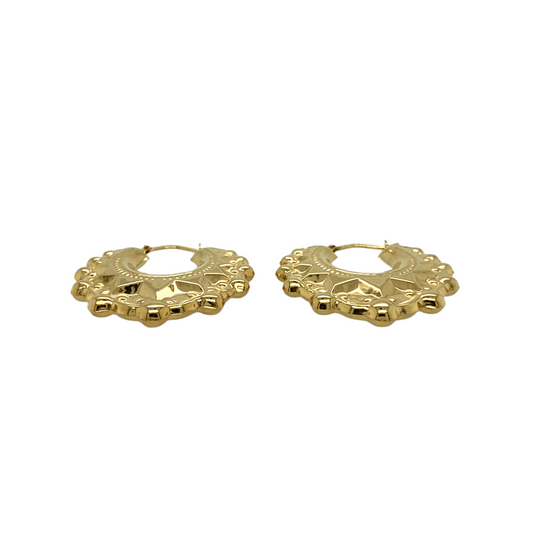 New 9ct Yellow Gold Fancy Patterned Creole Earrings with the weight 2 grams. Each earring is 2.8cm by 2.8cm