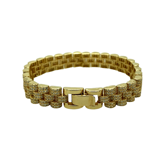 New 9ct Yellow Gold & Cubic Zirconia Set 6" Watch Style Bracelet with the weight 20.50 grams and width 9mm