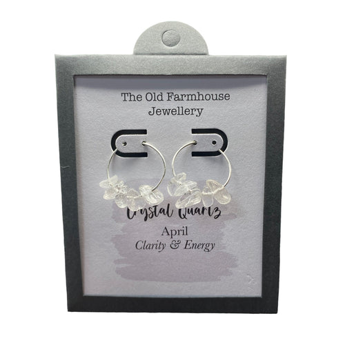 New 925 Silver & Crystal Quartz Set April Birthstone Hoop Earrings with the approximate weight 2 grams. The earrings contain approximately six gemstone each and the diameter of the hoops are each 2cm. Crystal Quartz is the birthstone for the month of April and is said to bring clarity and positive energy to the wearer