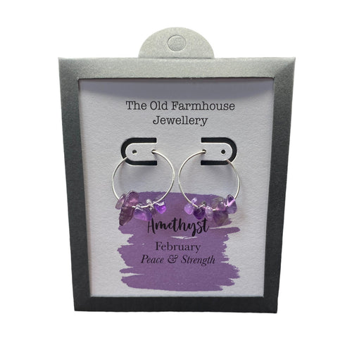 New 925 Silver & Amethyst Set February Birthstone Hoop Earrings with the approximate weight 2 grams. The earrings contain approximately six gemstone each and the diameter of the hoops are each 2cm. Amethyst is the birthstone for the month of February and is said to bring peace and strength to the wearer