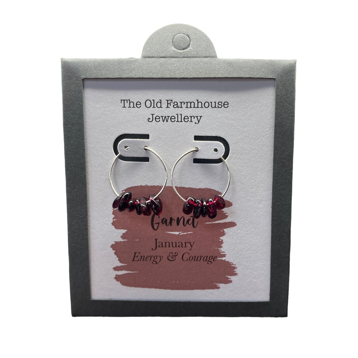 New 925 Silver & Garnet Set January Birthstone Hoop Earrings with the approximate weight 2 grams. The earrings contain approximately six gemstone each and the diameter of the hoops are each 2cm. Garnet is the birthstone for the month of January and is said to bring positive energy and courage to the wearer