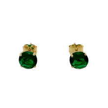 Load image into Gallery viewer, New 9ct Yellow Gold May Birthstone Stud Earrings with the weight 0.50 grams. The earrings are set with a synthetic emerald stone which is 5mm diameter
