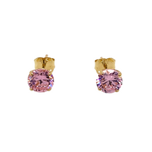 Load image into Gallery viewer, New 9ct Yellow Gold October Birthstone Stud Earrings with the weight 0.50 grams. The earrings are set with a synthetic tourmaline stone which is 5mm diameter
