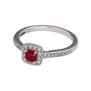 New 9ct White Gold Diamond & Ruby Halo Ring with diamond shoulders in size P with the weight 2.90 grams
