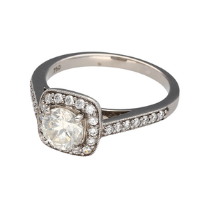 New 18ct White Gold & Diamond Set Halo Ring with Diamond set shoulders in size L with the weight 4.30 grams. There is approximately 80pt of Diamonds in total and the Diamonds are brilliant cut. The Diamonds are approximately clarity i1 - Si2 and colour K - M