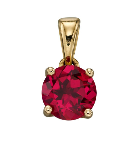 New 9ct Yellow Gold & created Ruby July Birthstone Pendant with the weight 0.60 grams. The stone is 5mm diameter 