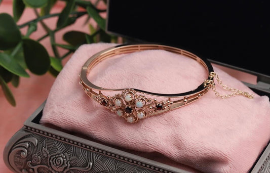 9ct Gold Antique Style Garnet and Opal Set Bangle