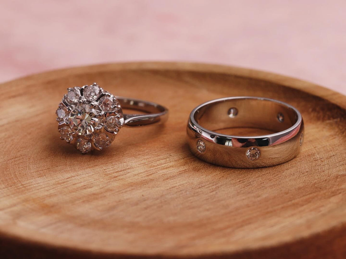 18ct White Gold Diamond Flower Cluster Ring with an 18ct White Gold Diamond Set Band Ring, both from our vintage gold collection