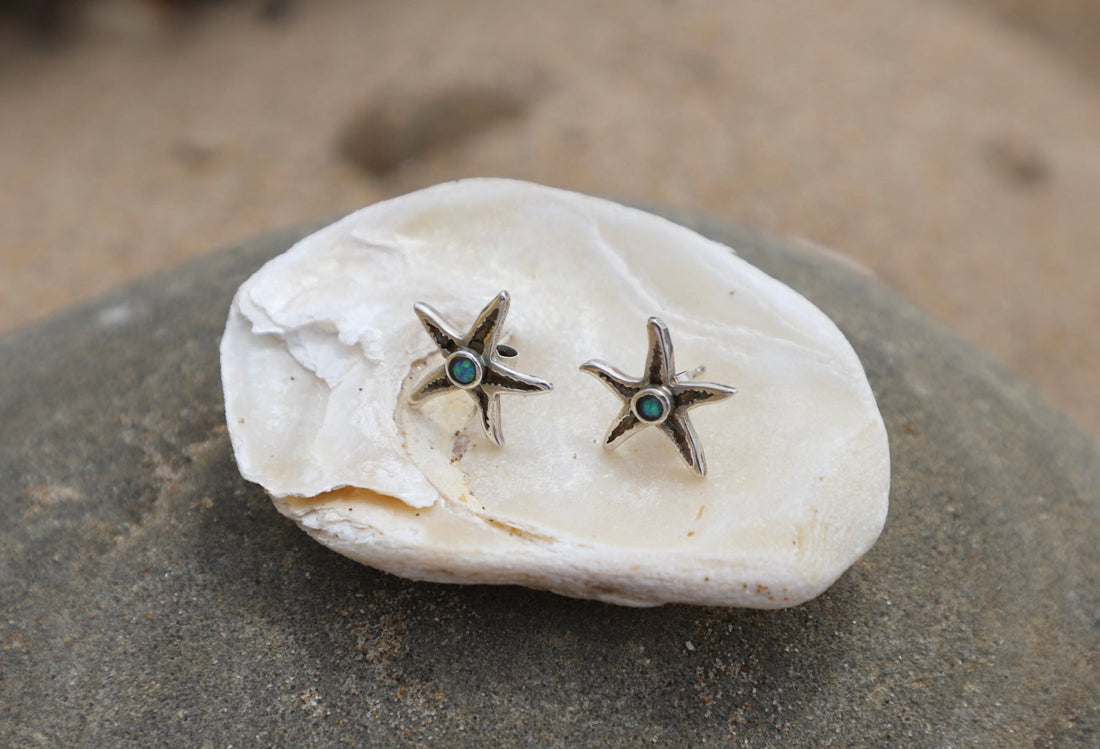 925 Silver Starfish Stud Earrings on a shell on the beach