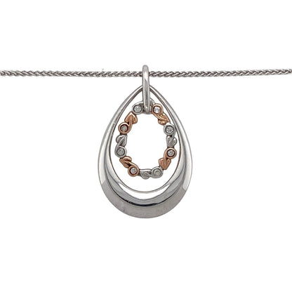 Preowned 925 Silver Clogau with 9ct Rose Gold & Cubic Zirconia Clogau Tree of life Teardrop Pendant on an 18" Clogau chain with the weight 7.70 grams. The pendant is 3.4cm long including the bail