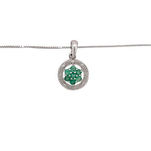 Load image into Gallery viewer, Preowned 9ct White Gold Diamond &amp; Emerald Set Flower Cluster Pendant on an 18&quot; box chain with the weight 2.70 grams. The pendant is 2.1cm long including the bail and the emerald stones are each 2mm diameter
