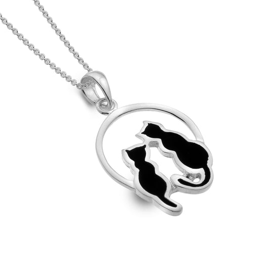 New 925 Silver Black Enamel Double Cat on a moon Pendant on an 18" fine pendant chain