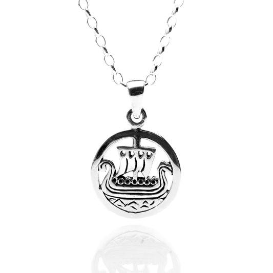 New 925 Silver Viking Ship Circle Pendant on an 18" fine pendant chain