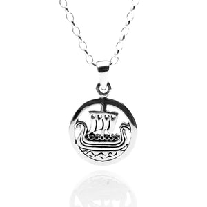 New 925 Silver Viking Ship Circle Pendant on an 18" fine pendant chain