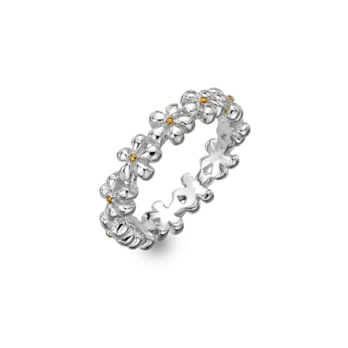 New 925 Silver Daisy Flower Band Ring in various sizes. The band is 5mm wide
