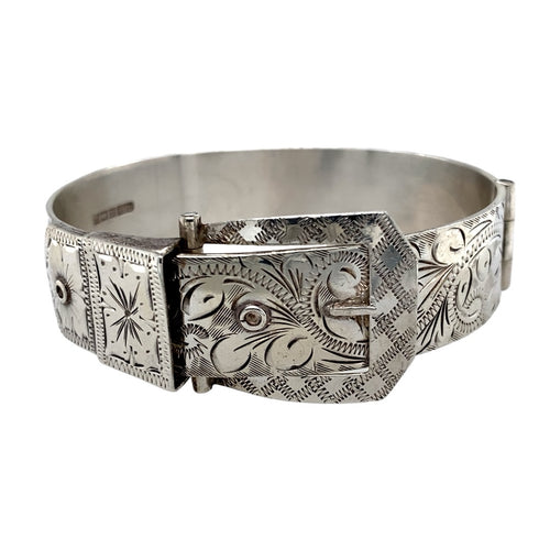 925 Solid Silver Engraved Patterned Buckle Bangle