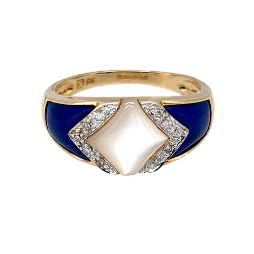 9ct Gold Diamond Lapis Lazuli & Mother of Pearl Set Dress Ring