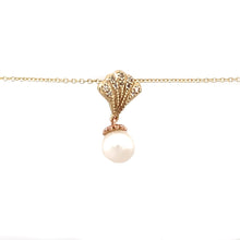 Load image into Gallery viewer, Preowned 9ct Yellow and Rose Gold &amp; Pearl Set Clogau Fan Pendant on an 18&quot; - 22&quot; adjustable Clogau trace chain with the weight 3.80 grams. The pearl is 8mm diameter and the pendant is 2.1cm long
