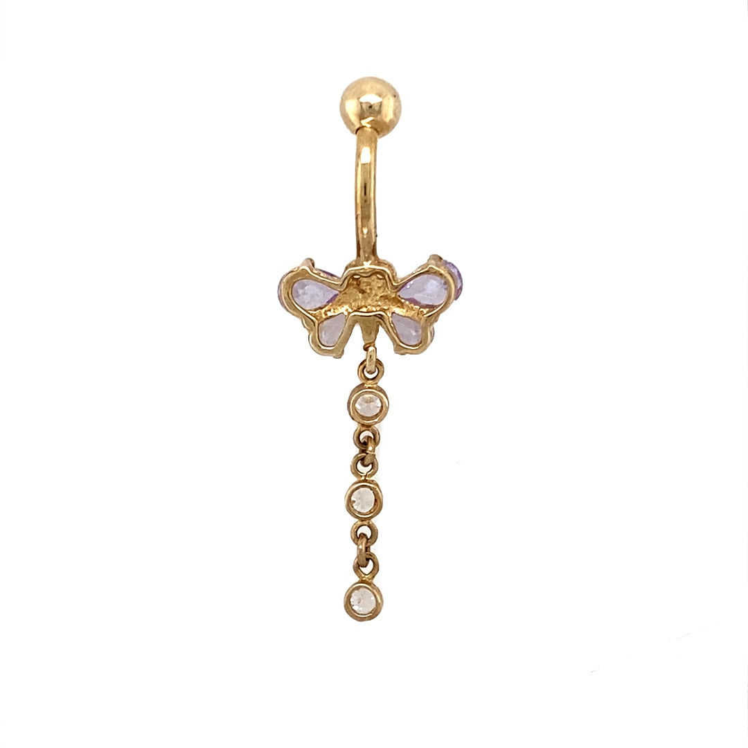 Preowned 9ct Yellow Gold & Cubic Zirconia Set Butterfly Drop Belly Bar with the weight 3 grams. The larger purple stones are each 6mm by 4mm and the smaller ones are each 5mm by 3mm
