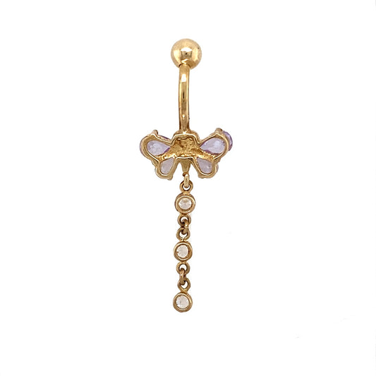 Preowned 9ct Yellow Gold & Cubic Zirconia Set Butterfly Drop Belly Bar with the weight 3 grams. The larger purple stones are each 6mm by 4mm and the smaller ones are each 5mm by 3mm