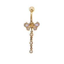 Load image into Gallery viewer, Preowned 9ct Yellow Gold &amp; Cubic Zirconia Set Butterfly Drop Belly Bar with the weight 3 grams. The larger purple stones are each 6mm by 4mm and the smaller ones are each 5mm by 3mm
