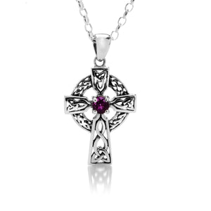 New 925 Silver & Amethyst Set Celtic Cross Pendant on an 18" fine pendant chain