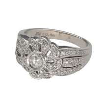 Load image into Gallery viewer, Preowned 18ct White Gold &amp; Diamond Set Flower Ring in size L with the weight 5.90 grams. There is approximately 50pt of diamond content set in total and the front of the ring is is 12mm high
