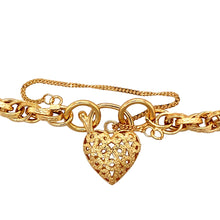 Load image into Gallery viewer, New 9ct Yellow Gold Patterned Heart Padlock 7&quot; Charm Bracelet with the weight 9.10 grams. The padlock is 2cm by 1.5cm and the link width of the bracelet is 6mm

