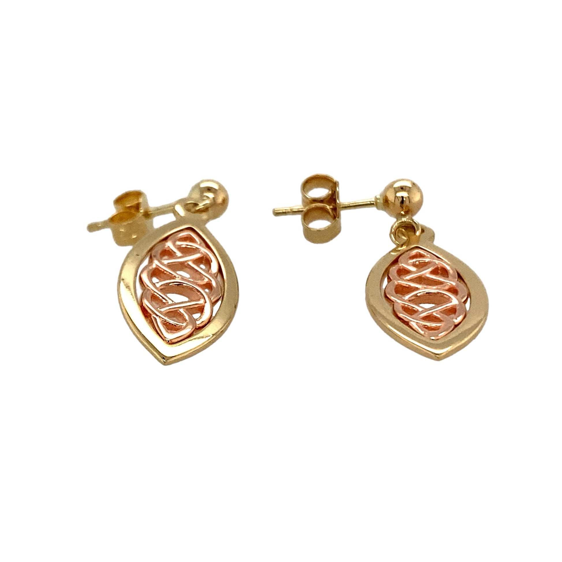 Preowned 9ct Yellow and Rose Gold Clogau Celtic Knot Drop Earrings with the weight 3.30 grams. The earrings are Queen Eleanor earrings and the backs are not Clogau