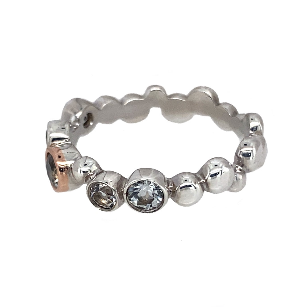 Preowned 925 Silver Clogau with 9ct Rose Gold Clogau & White Topaz Set Bubble Ring in size O to P with the weight 3.70 grams. The band is between 3mm and 5mm wide