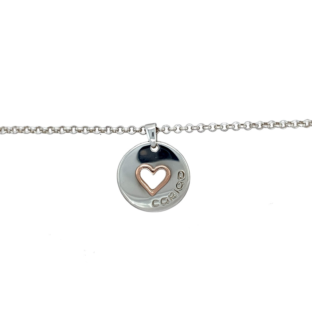 Preowned 925 Silver Clogau & 9ct Gold Rose Clogau Cariad Heart Pendant on an 18", 19" and 20" adjustable Clogau silver belcher chain. The necklace has the weight 14.30 grams and the pendant is 2.5cm long including the bail