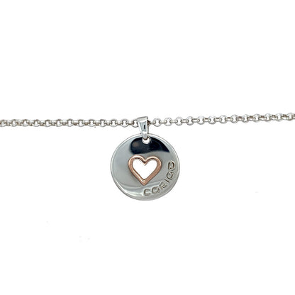 Preowned 925 Silver Clogau & 9ct Gold Rose Clogau Cariad Heart Pendant on an 18", 19" and 20" adjustable Clogau silver belcher chain. The necklace has the weight 14.30 grams and the pendant is 2.5cm long including the bail