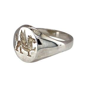New 925 Silver Welsh Dragon Oval Signet Ring in various sizes with the approximate weight 7.50 grams. The front of the ring is 14mm high