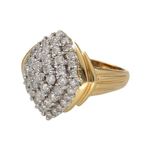 Preowned 18ct Yellow and White Gold & Diamond Set Cluster Ring in size N with the weight 8.60 grams. The front of the ring is 21mm high and there is approximately 1.50ct of diamond content. The diamond are approximate clarity i1 and colour I - J
