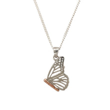 Load image into Gallery viewer, Preowned 925 Silver Clogau with 9ct Gold Clogau Butterfly Pendant on an 18&quot; Clogau silver curb chain with the weight 5.30 grams. The pendant is 2.5cm long including the bail
