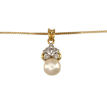 Load image into Gallery viewer, Preowned 18ct Yellow and White Gold Diamond &amp; Pearl Pendant on a 19&quot; box chain with the weight 5.50 grams. The pendant is 2.2cm long including the bail and the pearl is 8mm diameter
