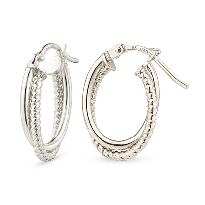9ct White Gold Twist Oval Creole Earrings