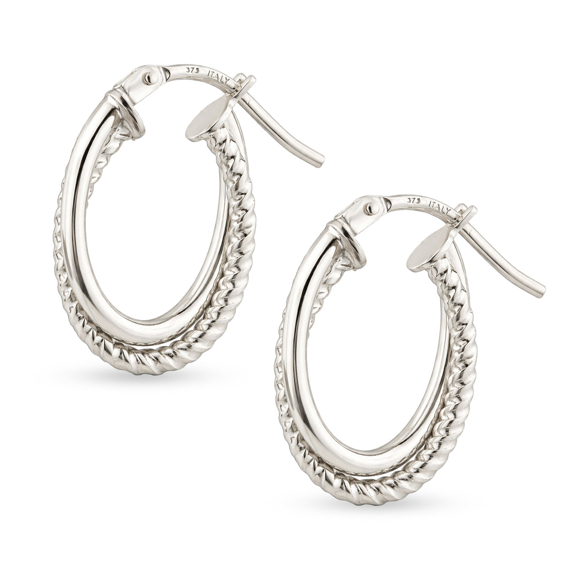 9ct White Gold Twist Oval Creole Earrings