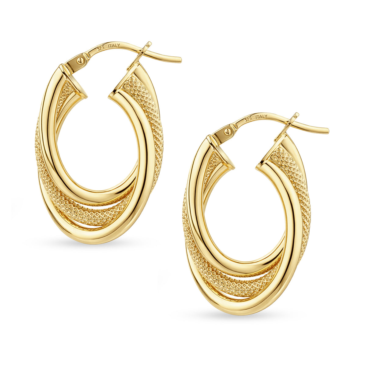 9ct Gold Three Strand Twist Oval Creole Earrings