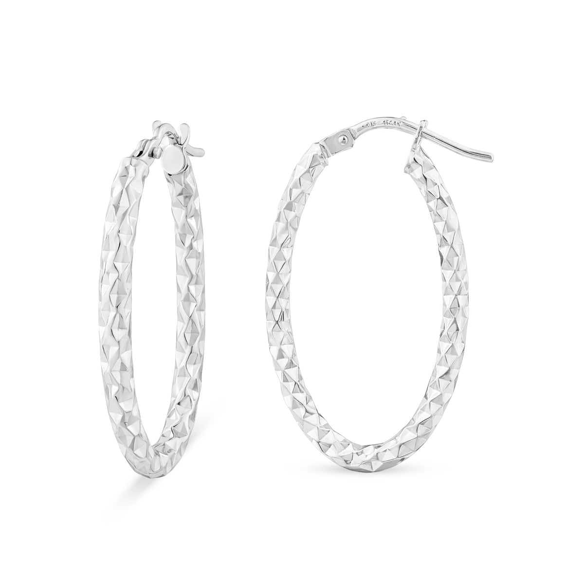 9ct White Gold Sparkle Textured Oval Creole Earrings