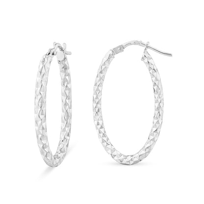 9ct White Gold Sparkle Textured Oval Creole Earrings